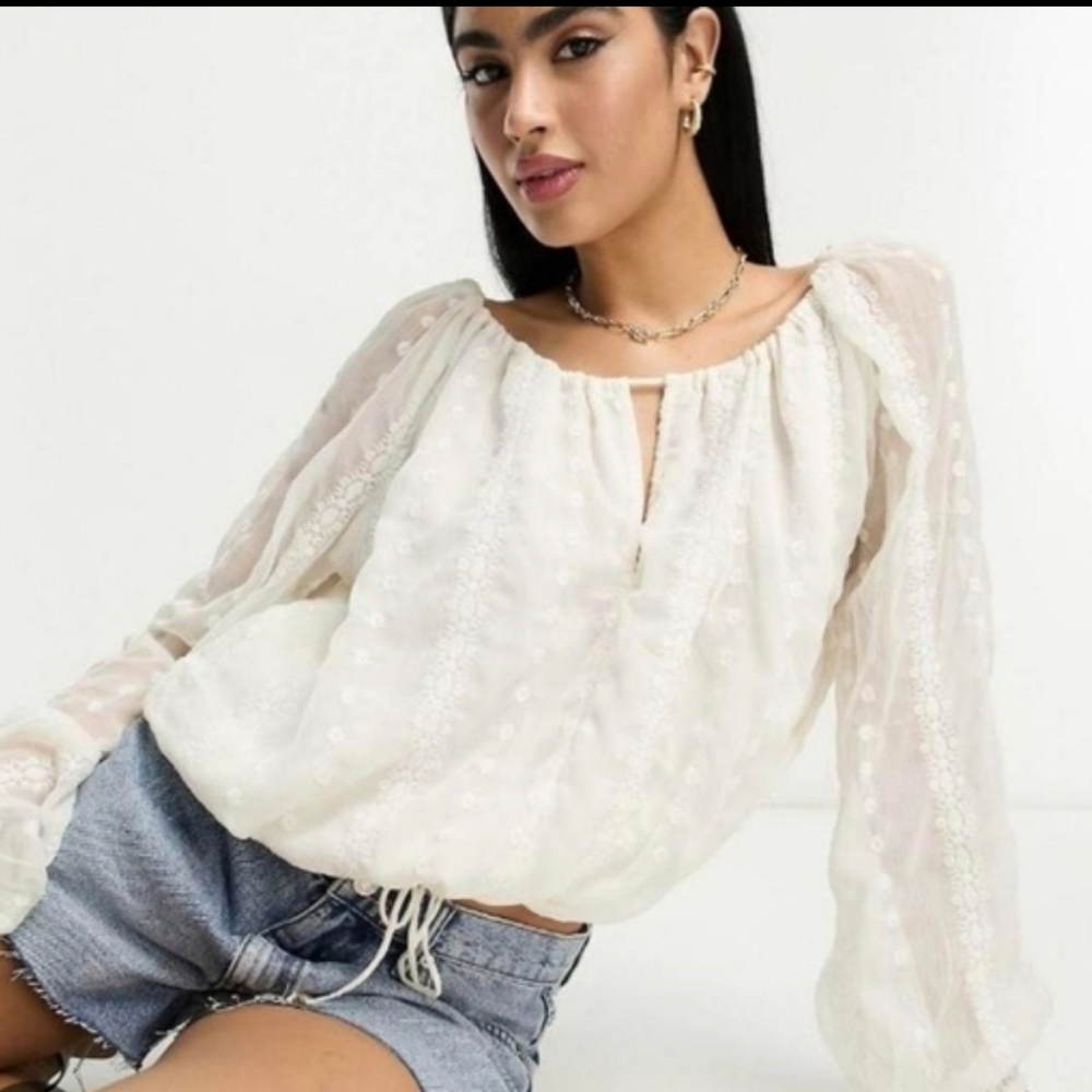 Express Ethereal Beige Semi Sheer Open Sleeve Bodysuit with Swiss Dots size S